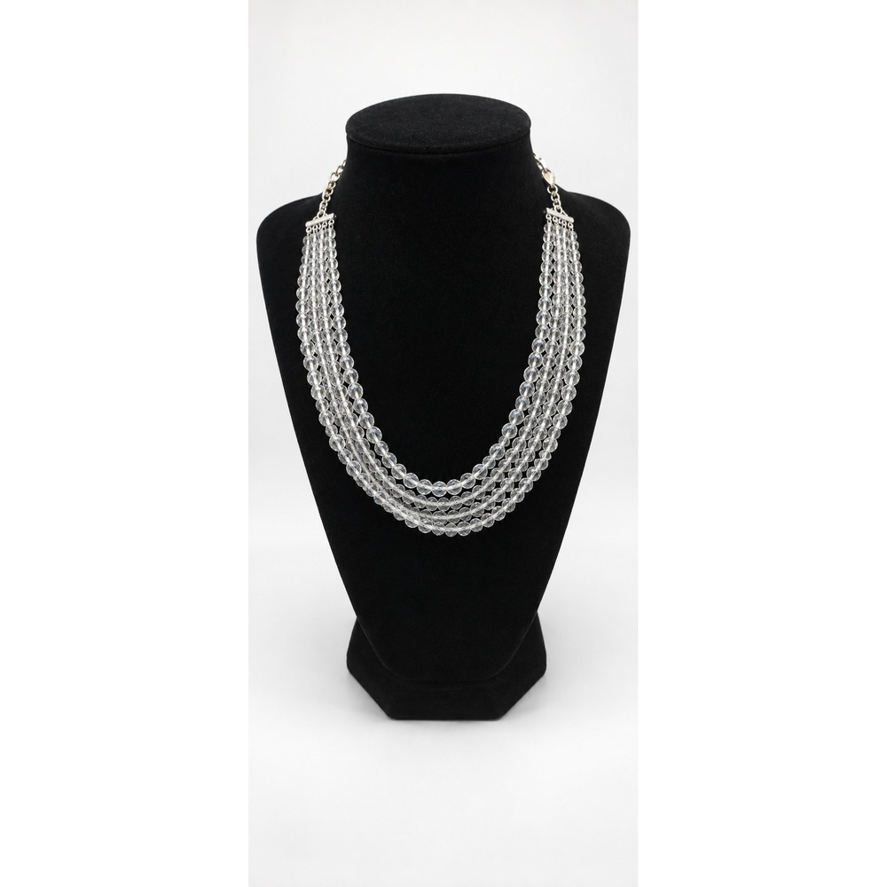 Vintage Clear Glass Multi Strand Beaded Statement Necklace Silver Tone 20 Inch